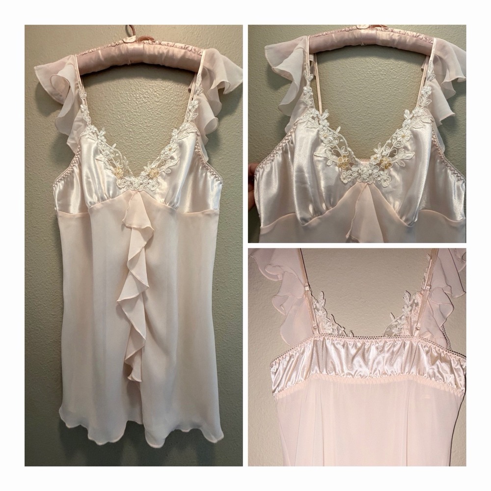 Vintage Y2K Blush Pink Chamise Top Satin Babydoll With Ruffle Lace L Fits 4/6